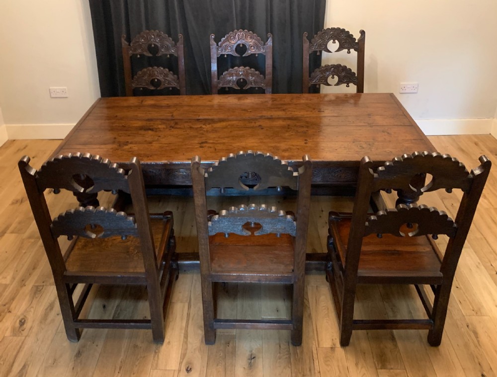 17th Century Charles II Oak Refectory Dining Table and Six Chairs