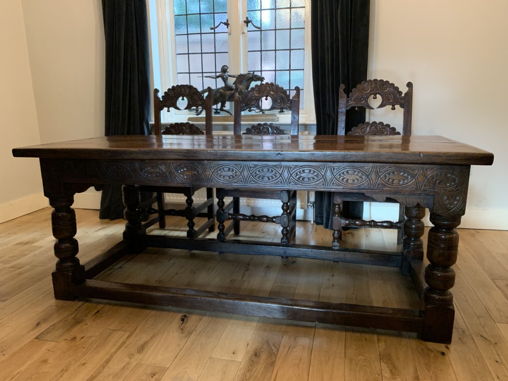 17th Century Charles II Oak Refectory Dining Table and Six Chairs View IX