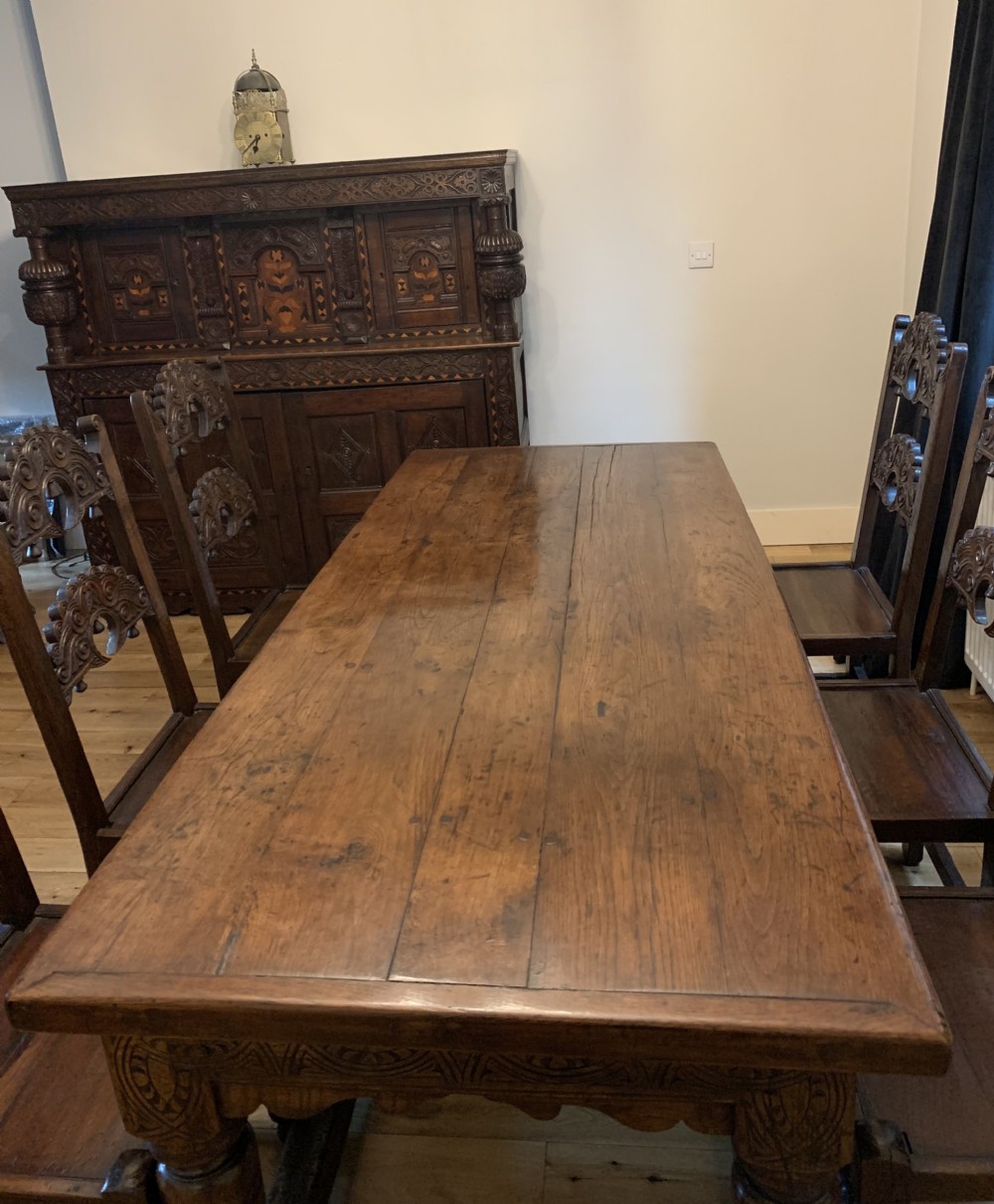 17th Century Charles II Oak Refectory Dining Table and Six Chairs View VI