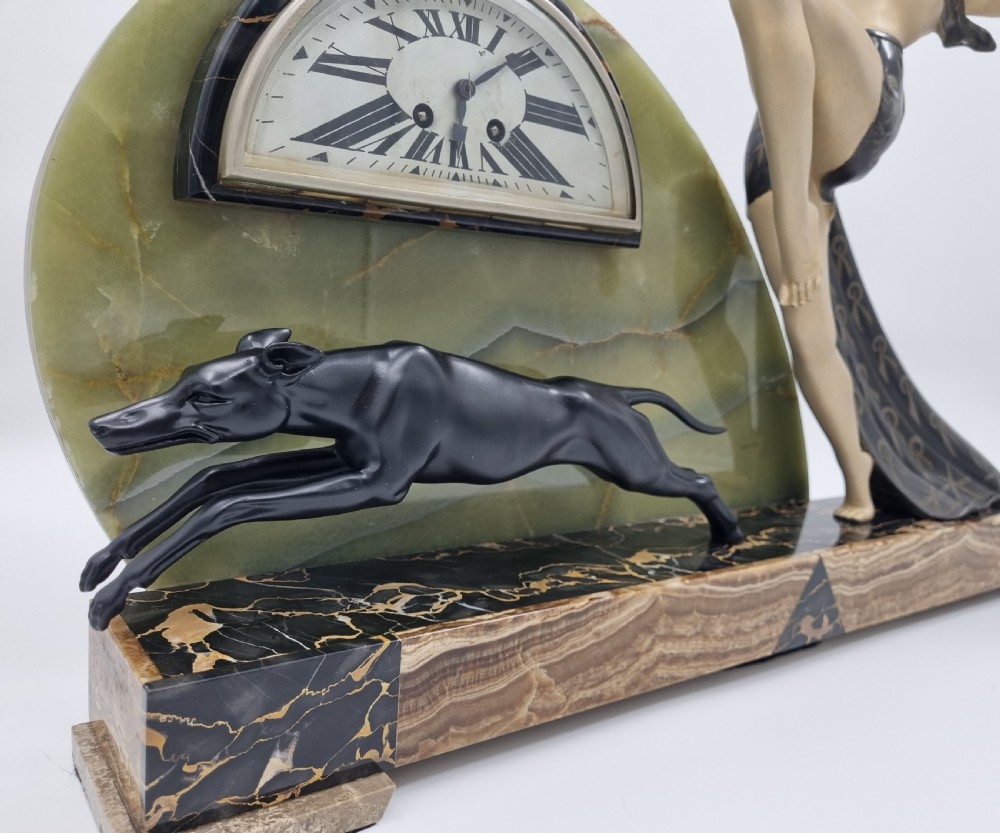 Large Art Deco Mantel Clock Diana the Huntress with Greyhound by Limousin View VI
