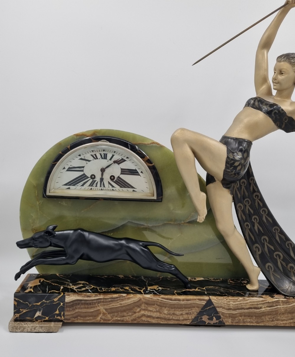 Large Art Deco Mantel Clock Diana the Huntress with Greyhound by Limousin View VII