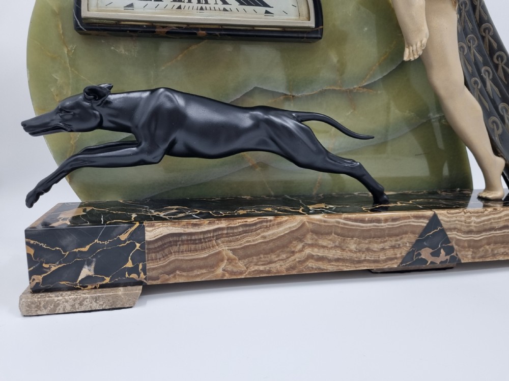 Large Art Deco Mantel Clock Diana the Huntress with Greyhound by Limousin View IX
