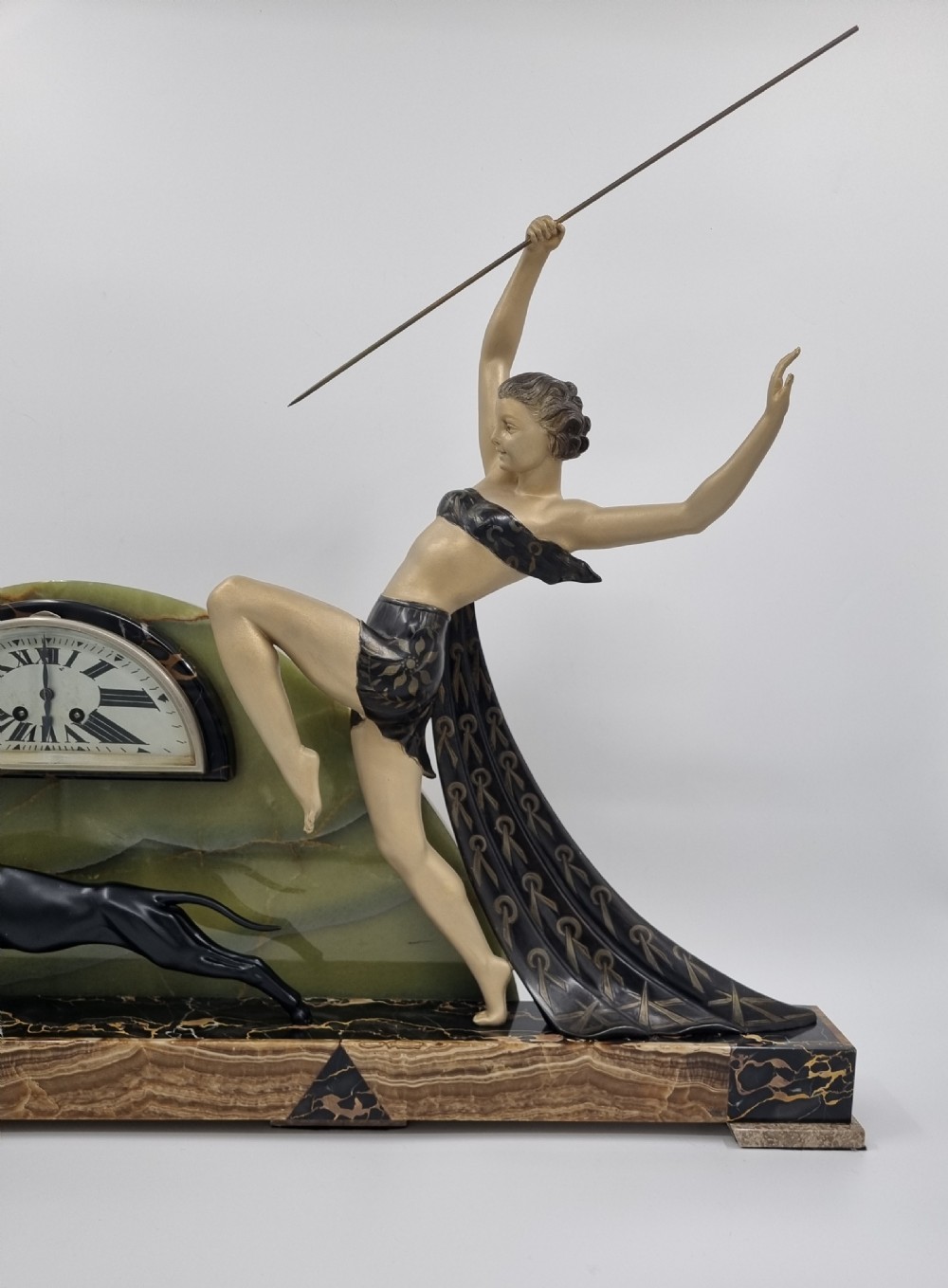 Large Art Deco Mantel Clock Diana the Huntress with Greyhound by Limousin View X