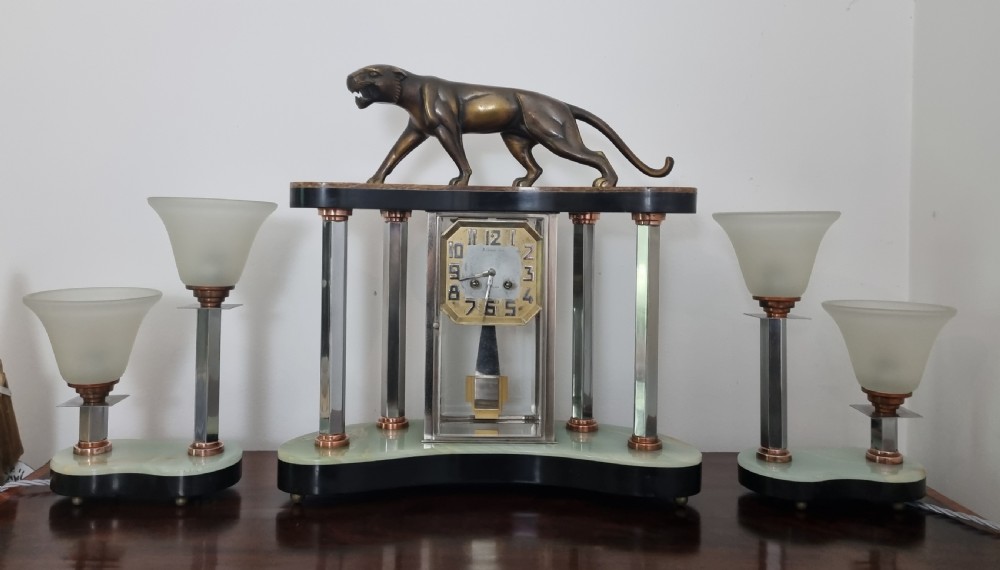 Art Deco Bronze Clock Set with Panther by Hugues