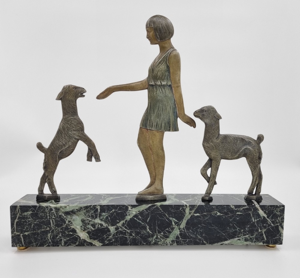 Art Deco Bronze Figure Girl Playing with Goats