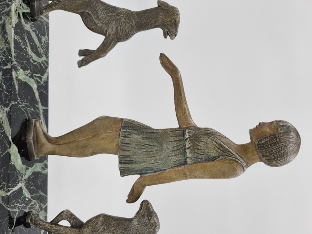 Art Deco Bronze Figure Girl Playing with Goats View II