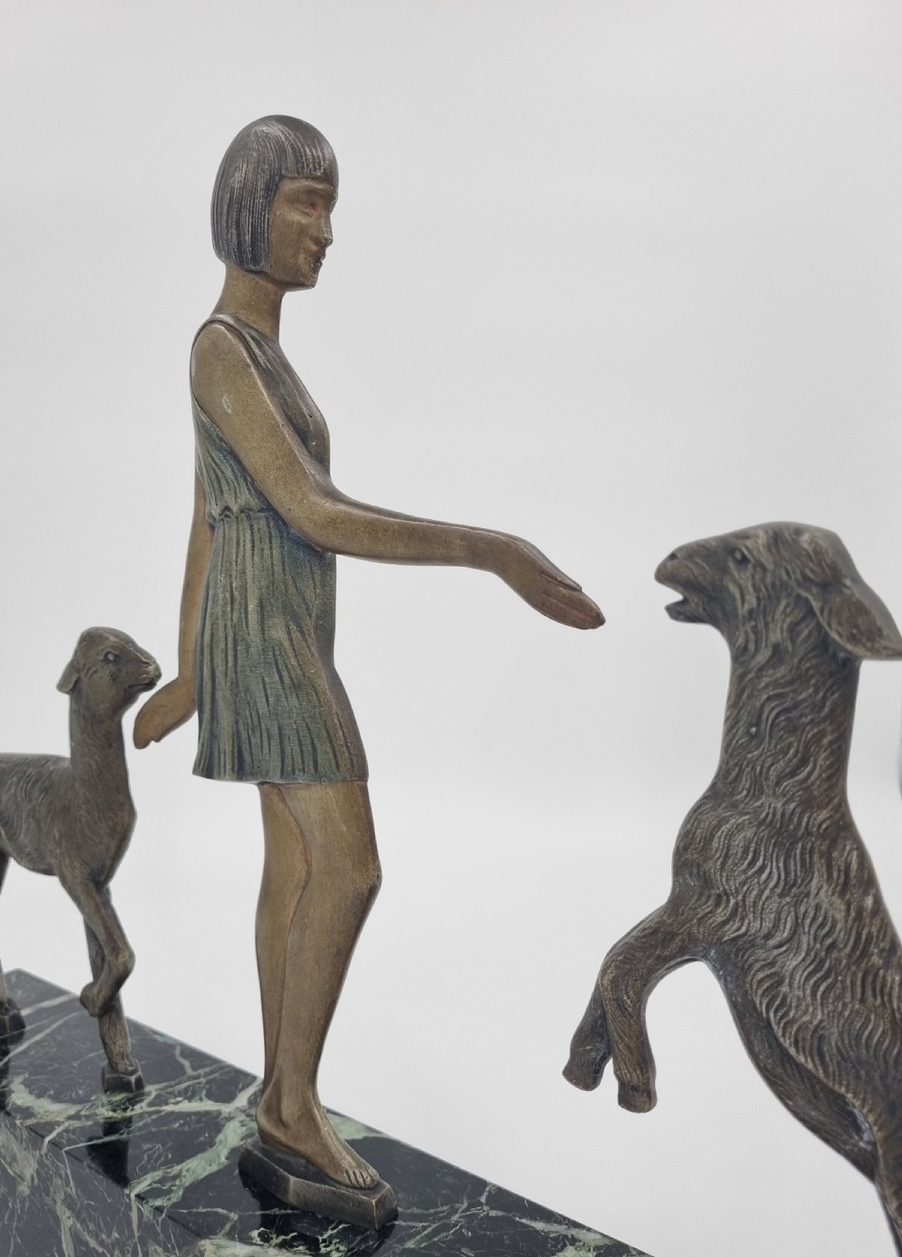 Art Deco Bronze Figure Girl Playing with Goats View VII