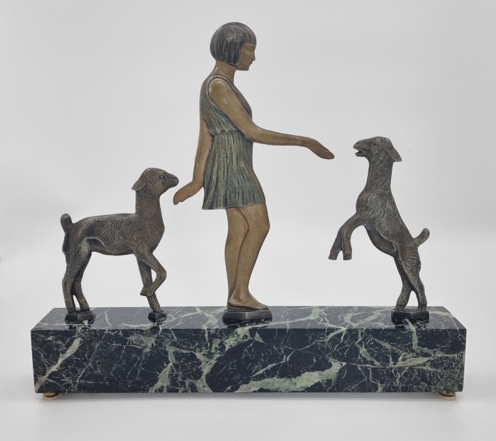 Art Deco Bronze Figure Girl Playing with Goats View VIII