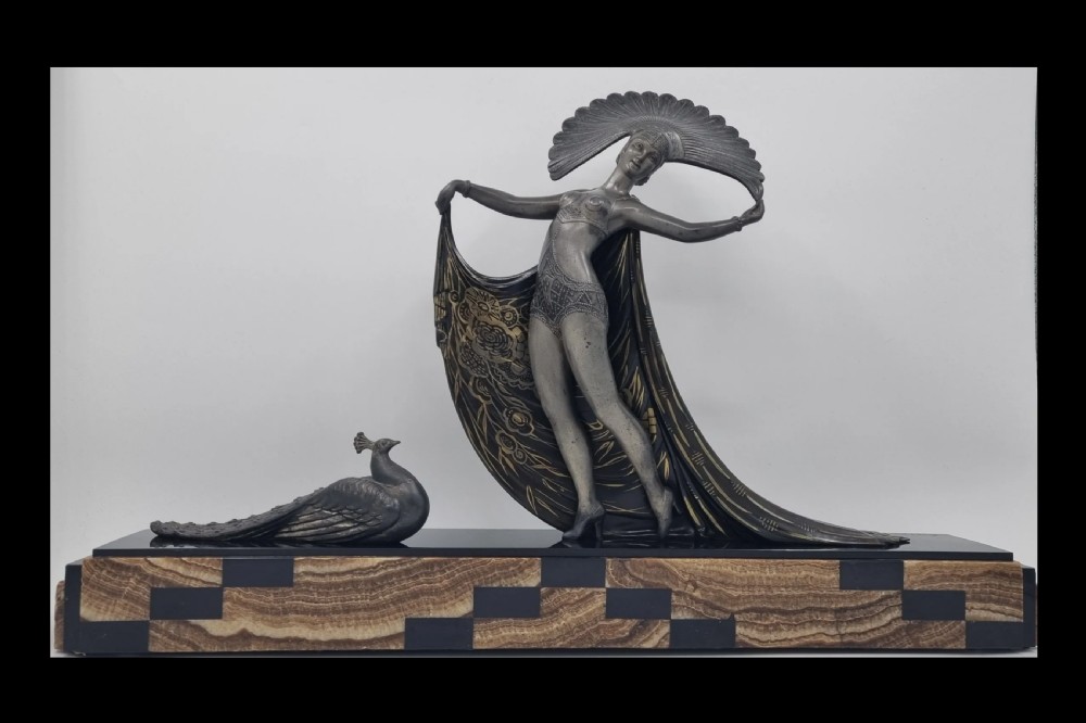 Art Deco Sculpture Cabaret Dancer with Peacock by Gibert View II