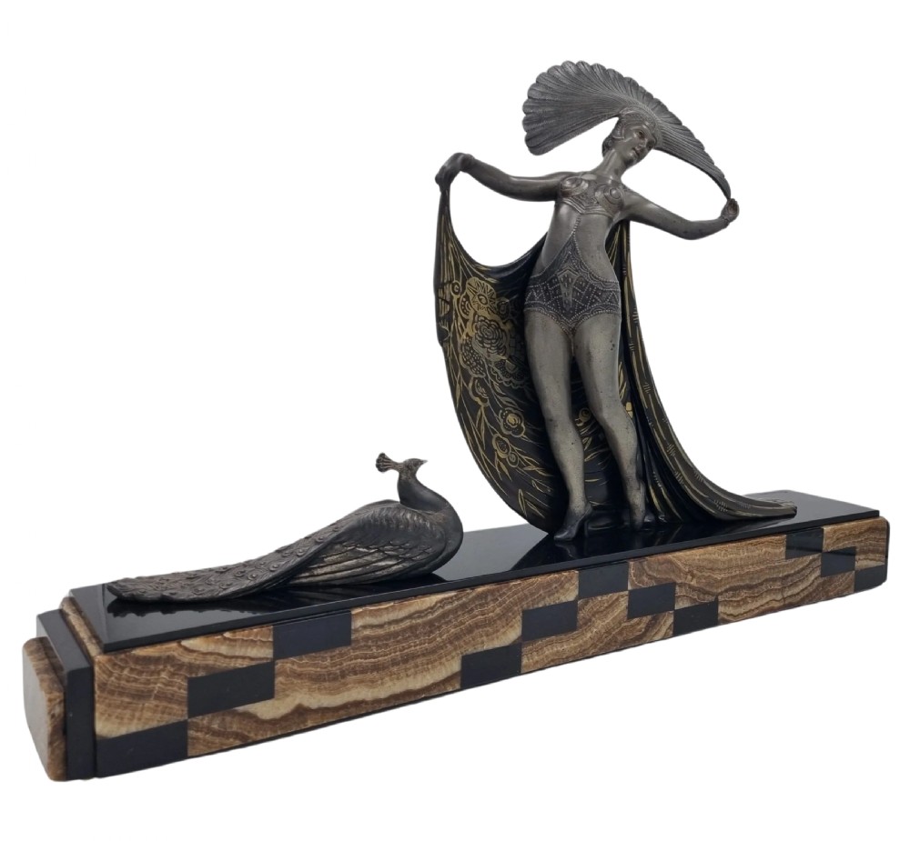 Art Deco Sculpture Cabaret Dancer with Peacock by Gibert View III