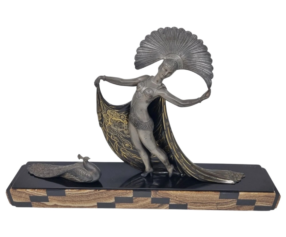 Art Deco Sculpture Cabaret Dancer with Peacock by Gibert View V