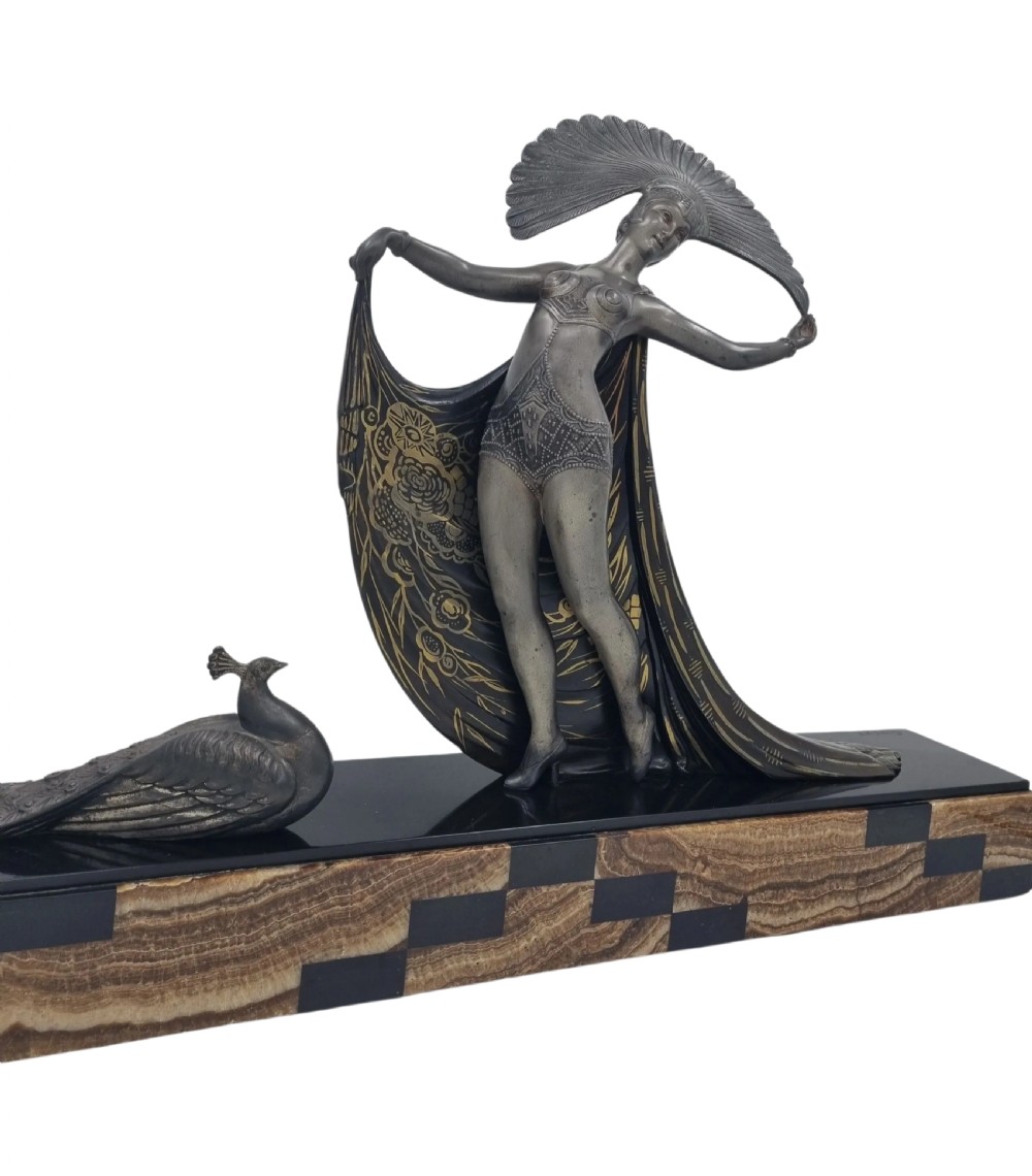 Art Deco Sculpture Cabaret Dancer with Peacock by Gibert View VIII