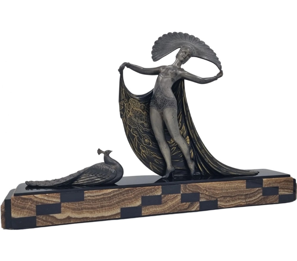 Art Deco Sculpture Cabaret Dancer with Peacock by Gibert View IX