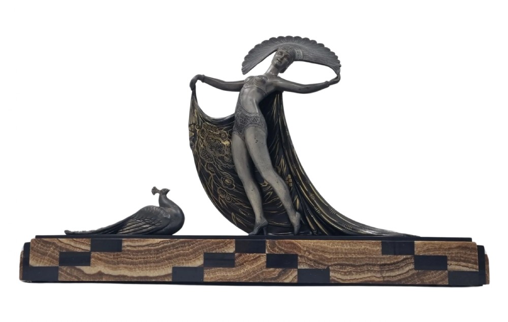 Art Deco Sculpture Cabaret Dancer with Peacock by Gibert View X