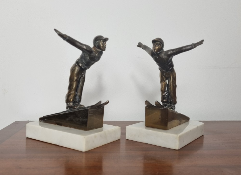 Art Deco Olympic Skier bookends signed Jamar View III