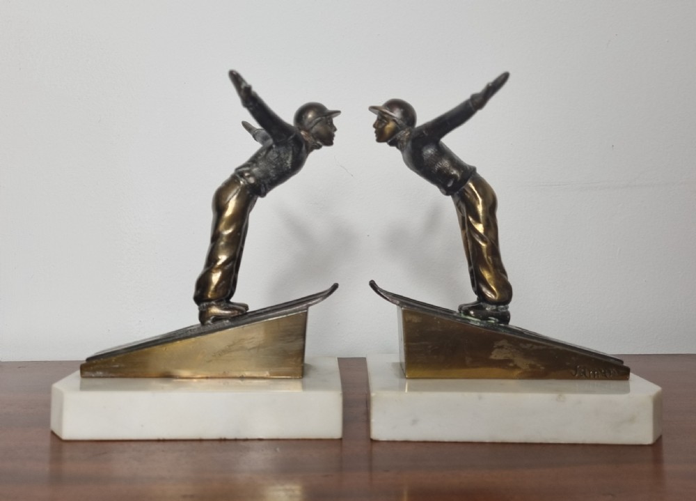 Art Deco Olympic Skier bookends signed Jamar View IV