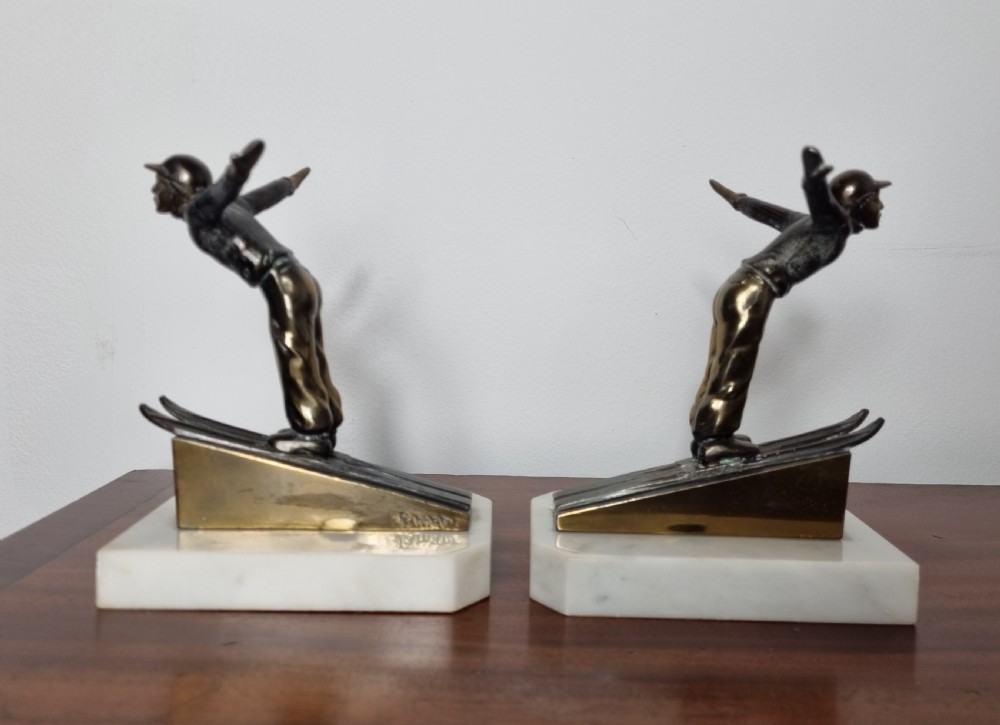 Art Deco Olympic Skier bookends signed Jamar View V