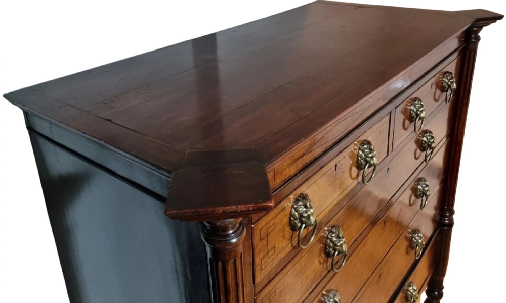 A 19th-century Regency mahogany chest on stand featuring fluted pilasters, lion mask brass ring handles, boxwood stringing, and reeded legs terminating in carved feet. View V