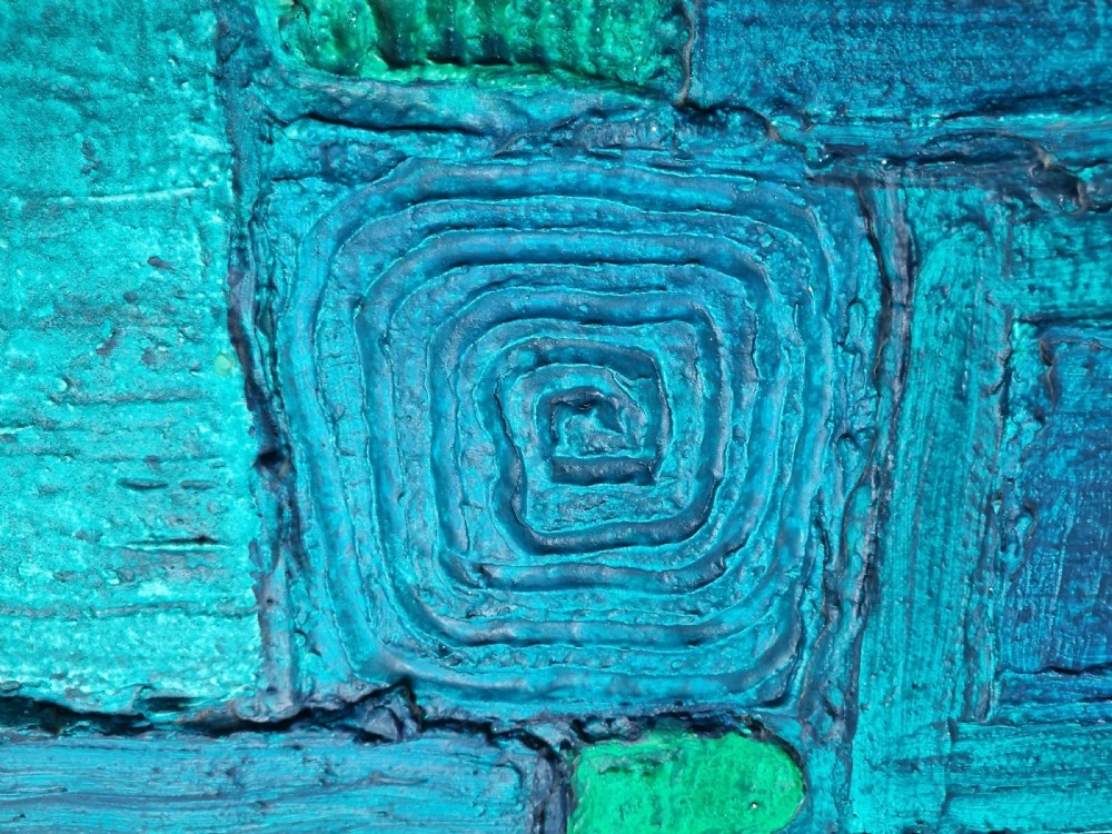A horizontal rectangular abstract painting featuring raised geometric textures, circles, and relief shapes rendered in vibrant teal, green, and deep blue tones. View VIII