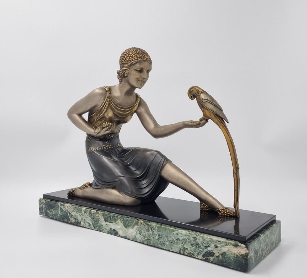 Art Deco Sculpture Young Lady with a Parrot Signed D H Chiparus View II