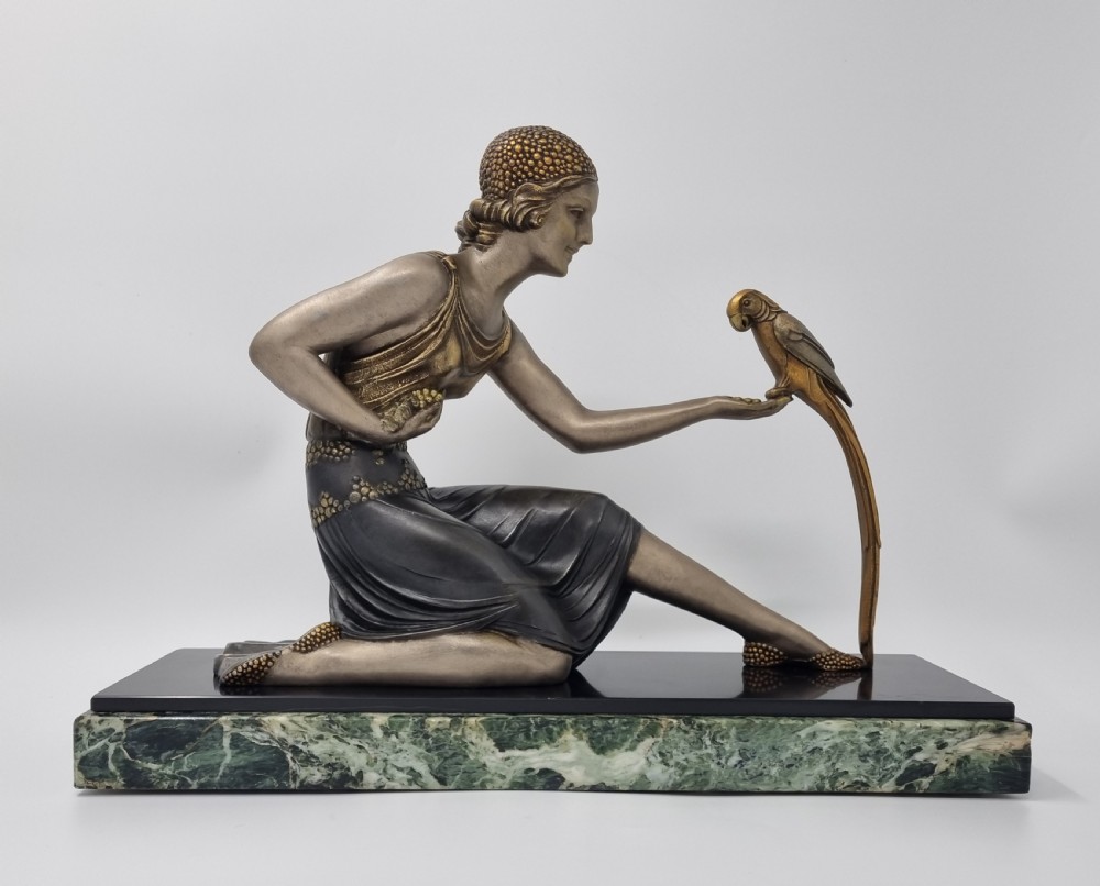 Art Deco Sculpture Young Lady with a Parrot Signed D H Chiparus View III
