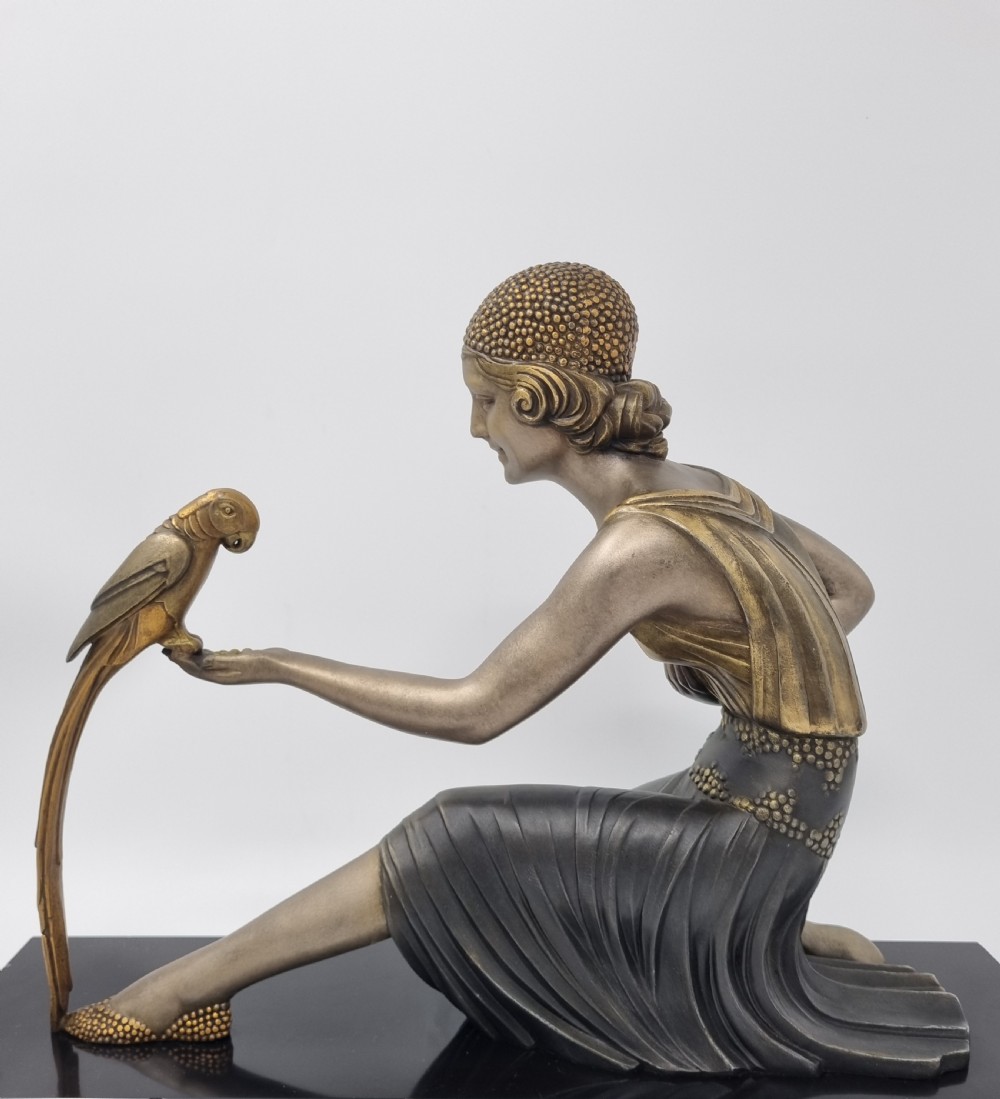 Art Deco Sculpture Young Lady with a Parrot Signed D H Chiparus View X