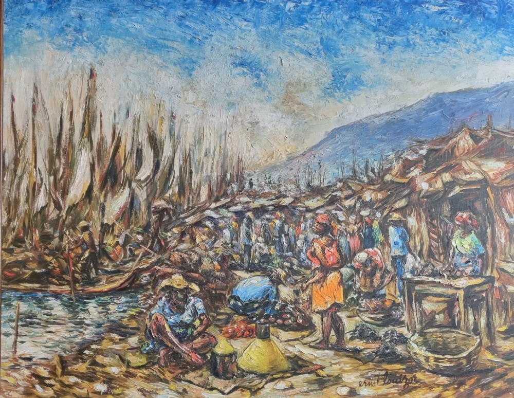 A framed twentieth-century impressionist oil painting depicting a crowded market and harbour scene in Haiti, set within a hand-carved timber frame. View III