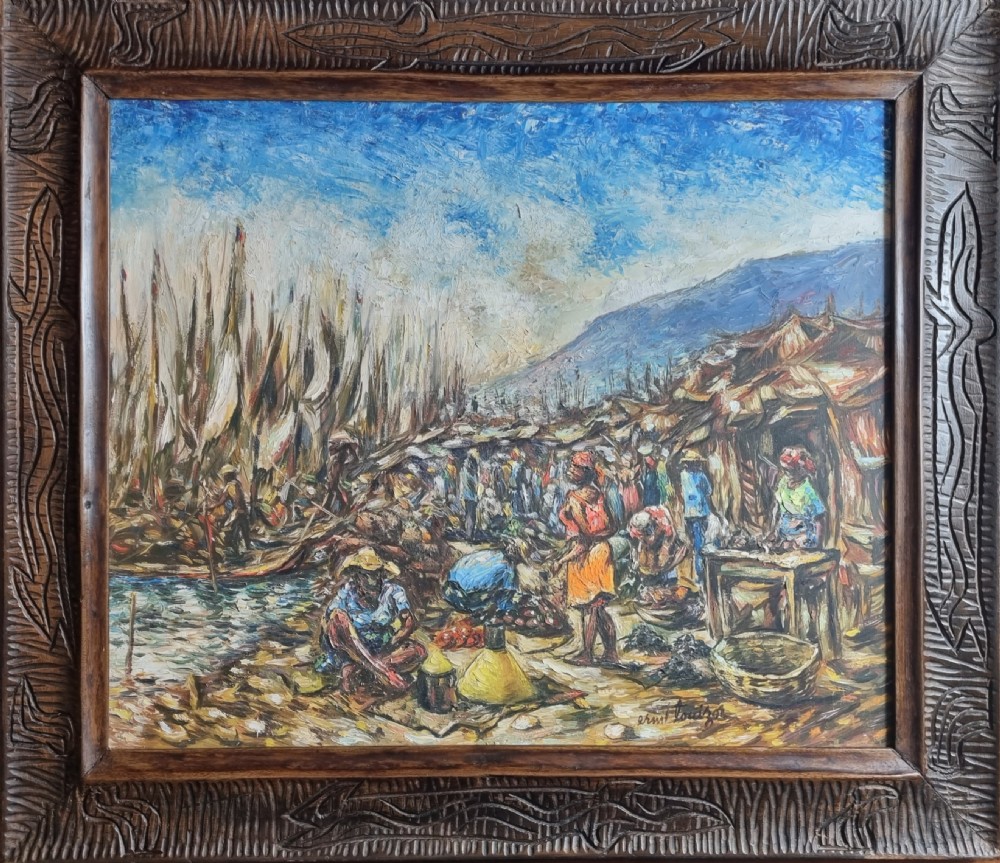 A framed twentieth-century impressionist oil painting depicting a crowded market and harbour scene in Haiti, set within a hand-carved timber frame.