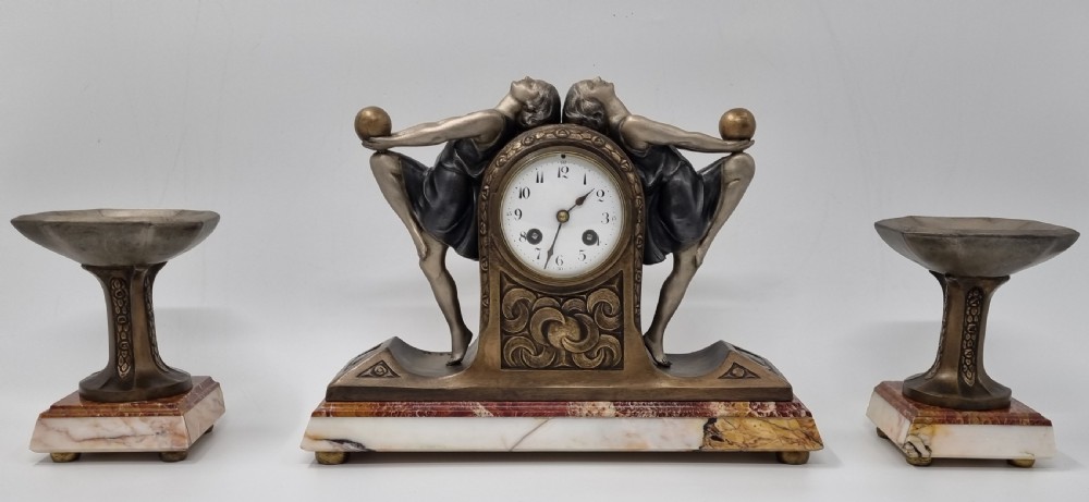 Art Deco Clock Garniture Set with Two Ball Dancers by P. Sega View VI