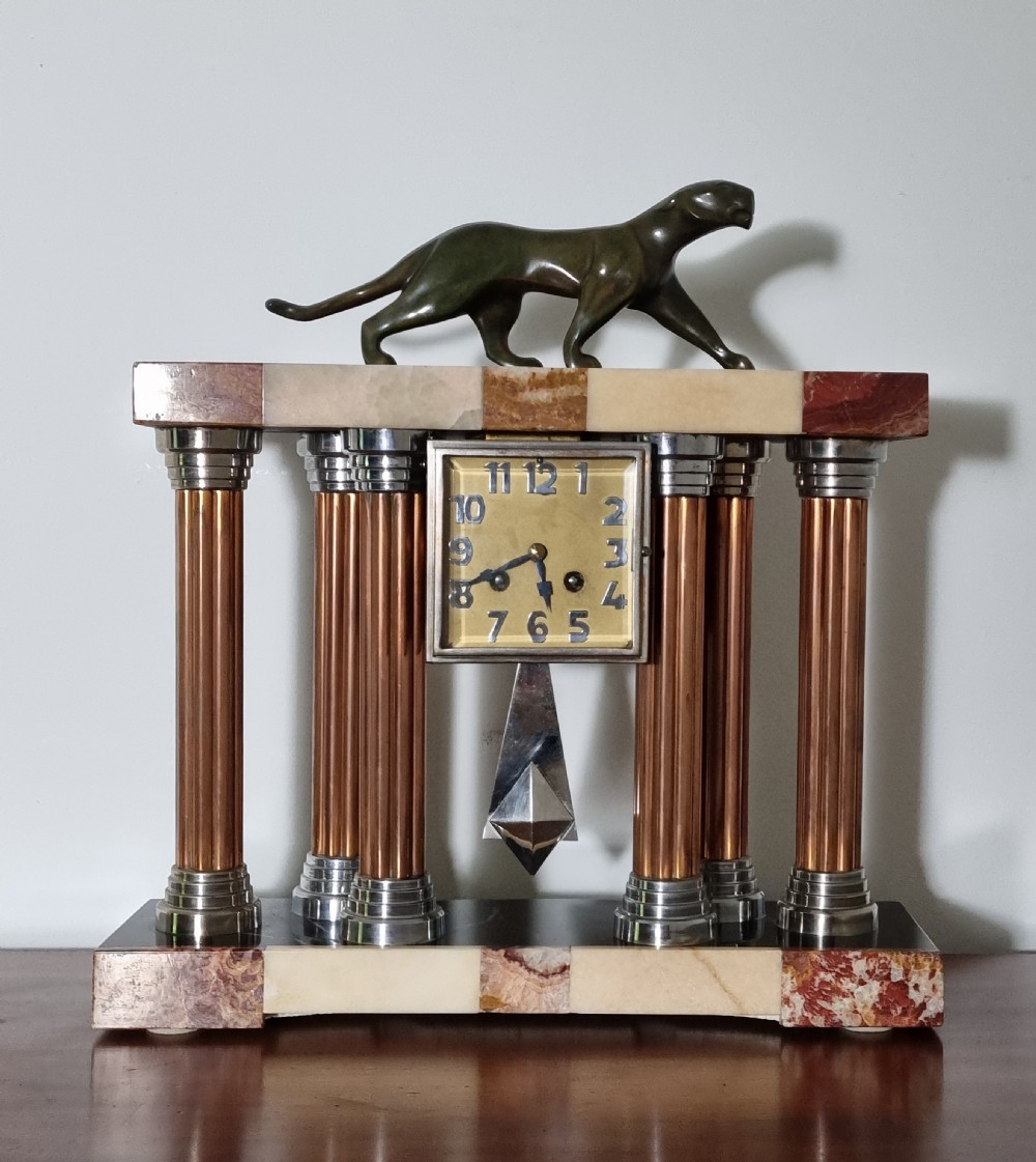 Art Deco Clock with Bronze Panther by Decoux Circa 1930 View II
