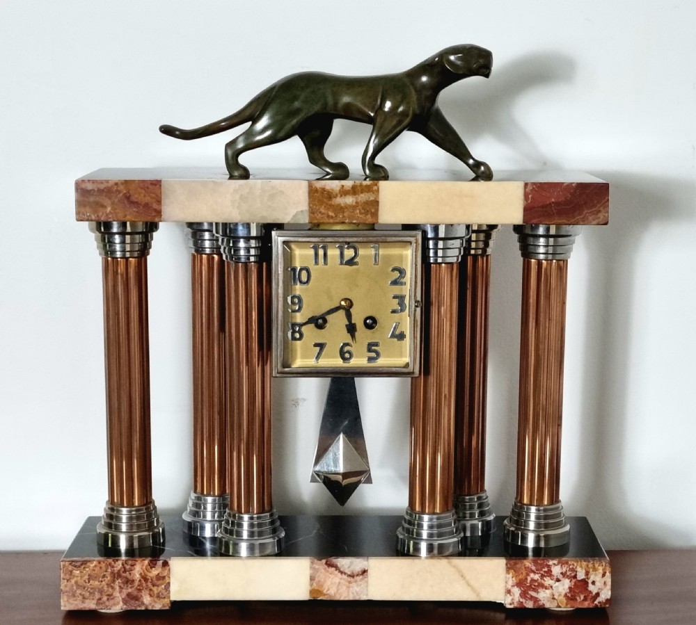 Art Deco Clock with Bronze Panther by Decoux Circa 1930 View III