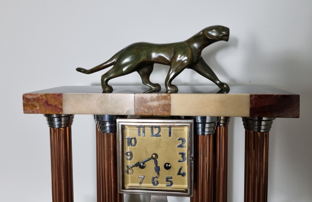 Art Deco Clock with Bronze Panther by Decoux Circa 1930 View IV