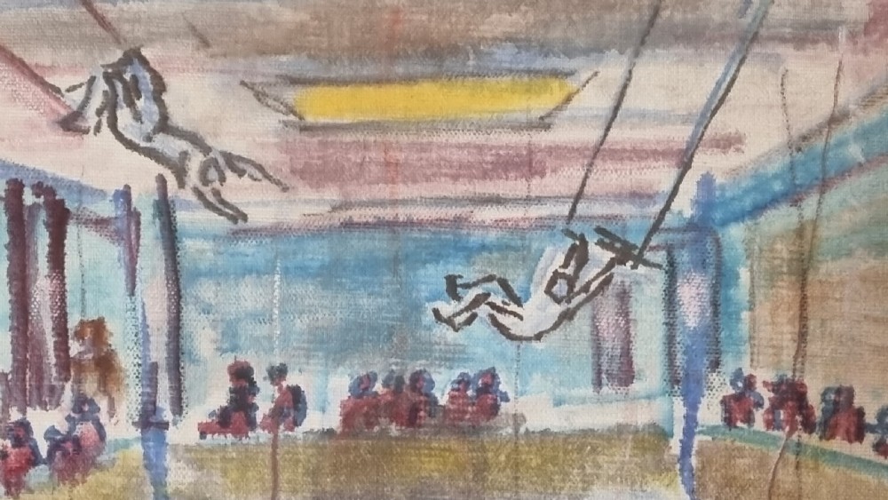 A framed vertical watercolour painting depicting a busy circus arena with performing trapeze artists, horses, and spectators. View V