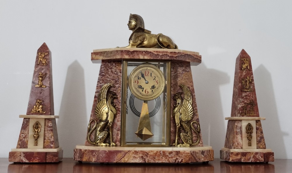 Art Deco Egyptian Revival Clock Set with Pair of Obelisks View XXIII