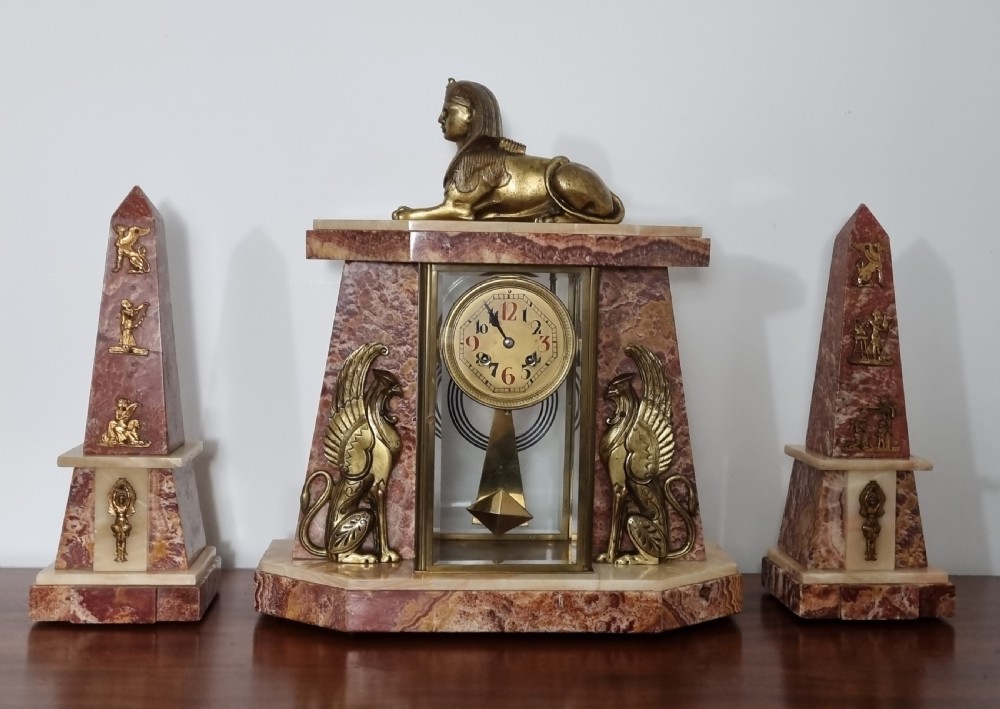 Art Deco Egyptian Revival Clock Set with Pair of Obelisks View II