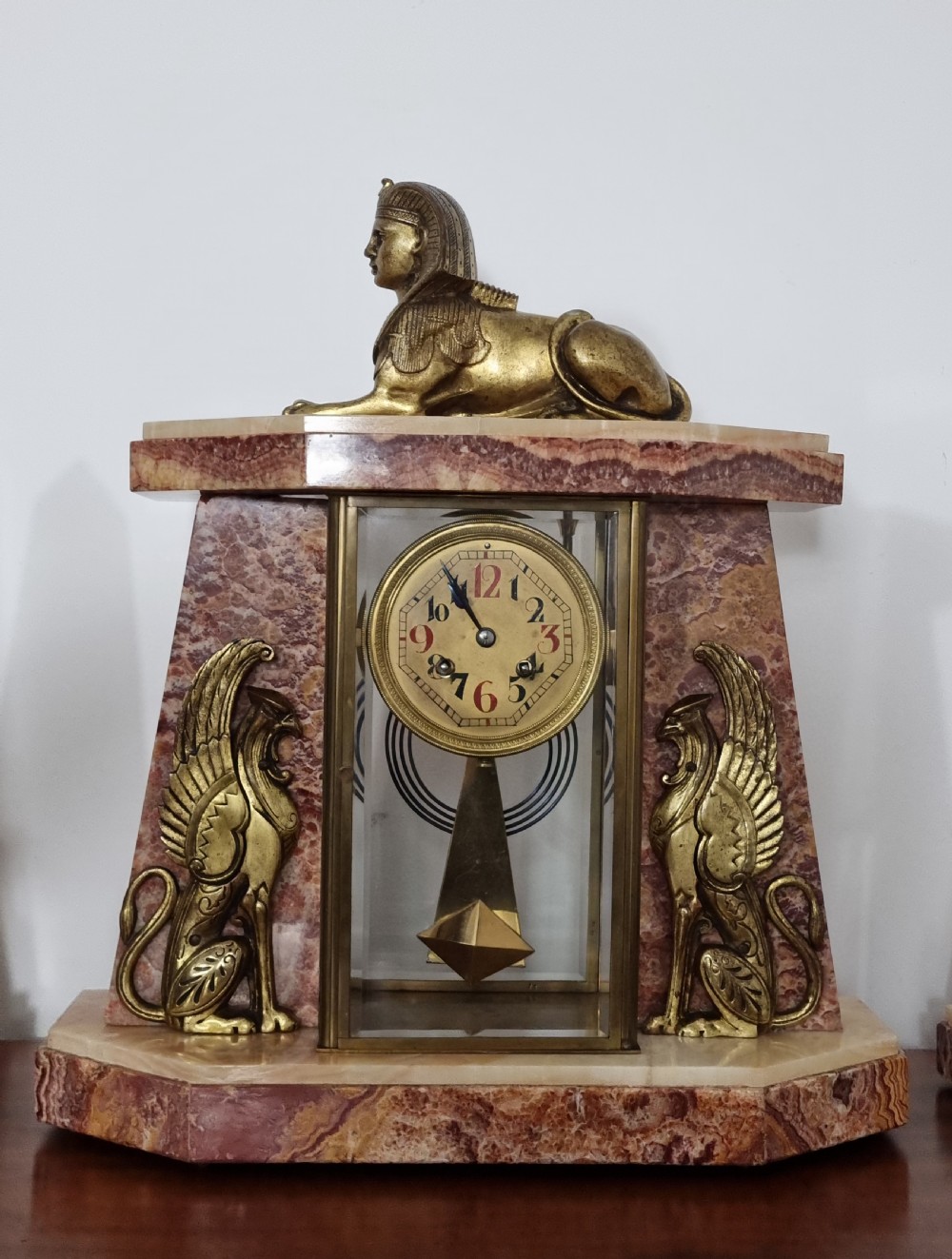 Art Deco Egyptian Revival Clock Set with Pair of Obelisks View III