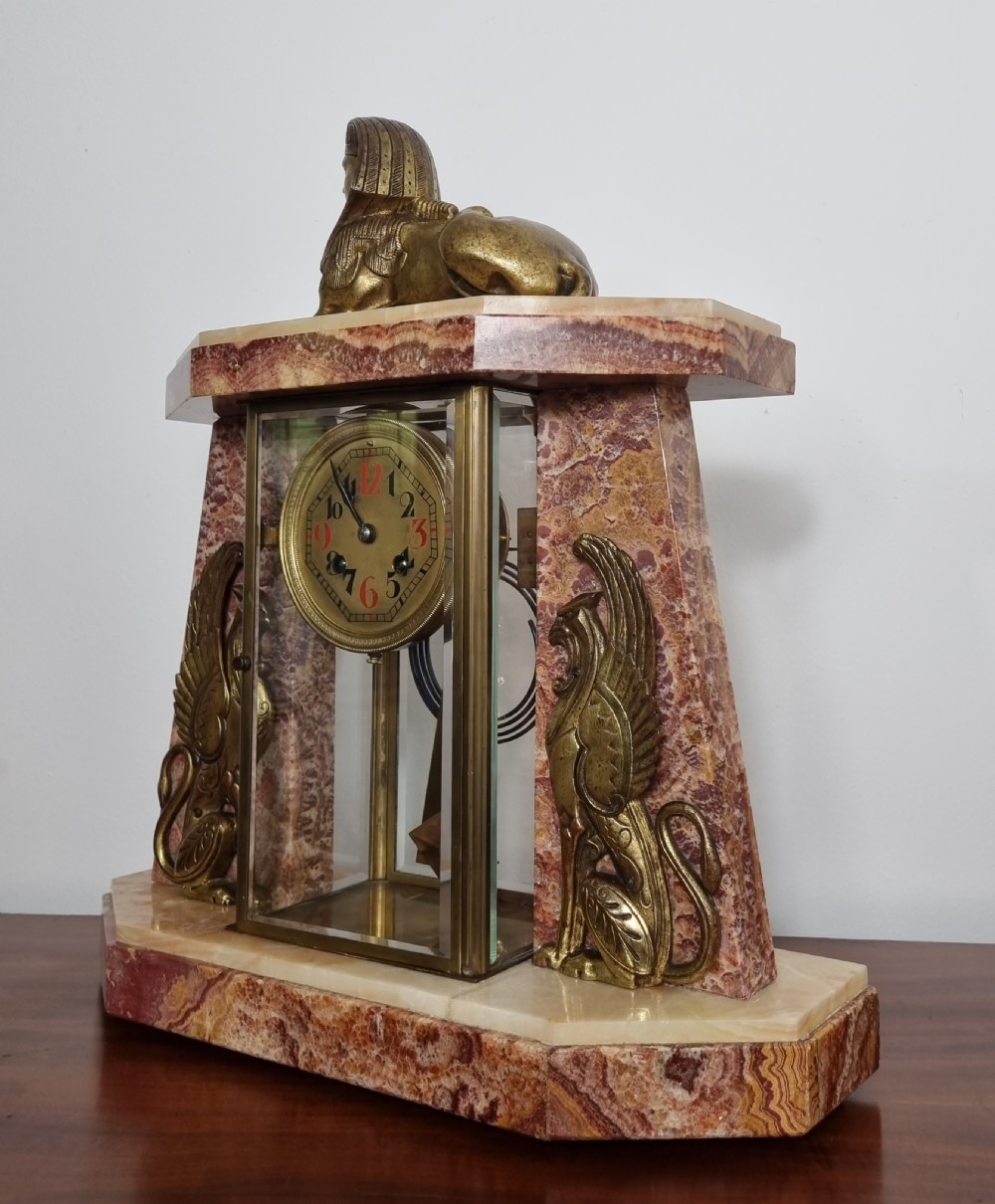 Art Deco Egyptian Revival Clock Set with Pair of Obelisks View XII