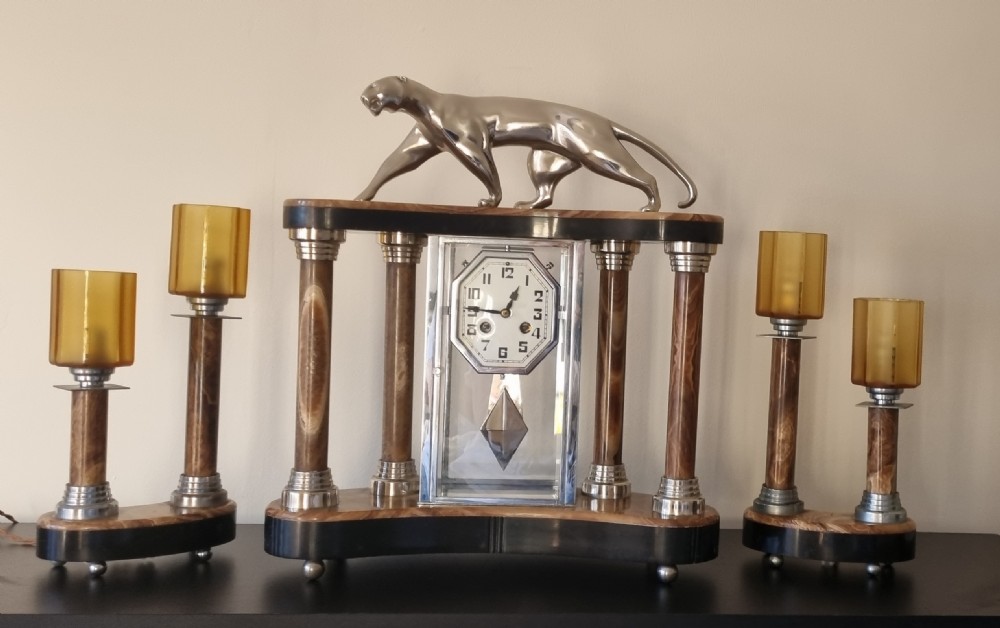 Art Deco Cubist Design Clock with Bronze Panther and Pair of Lamps by Decoux  View II
