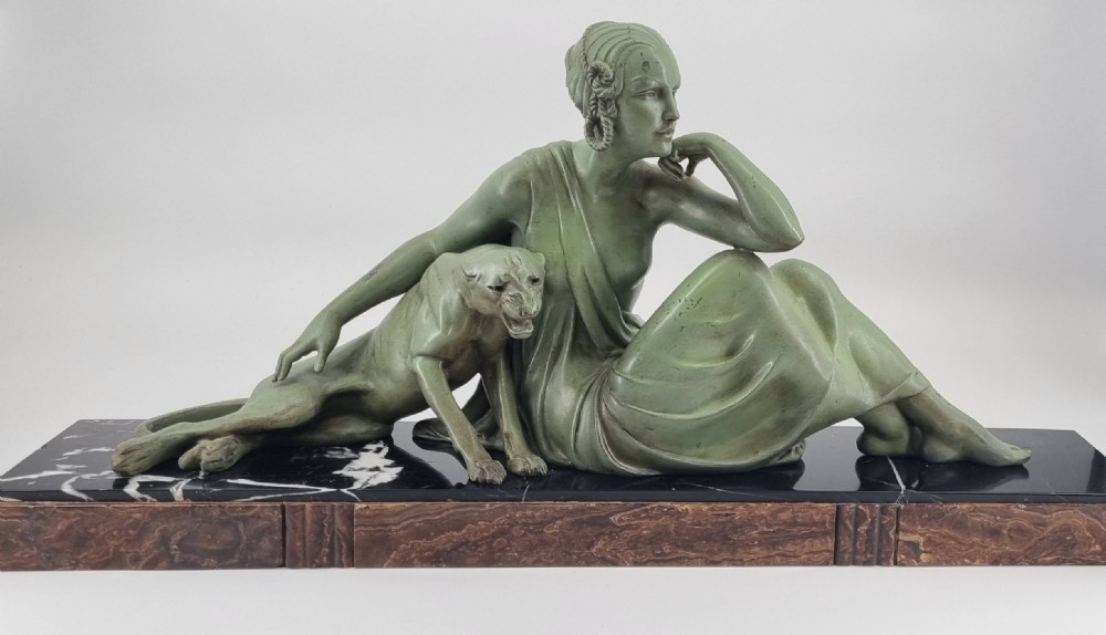 Art Deco Sculpture Nude Lady With Panther By Godard View II