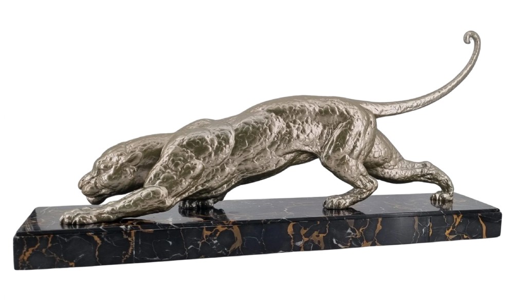 A low-slung, textured silver-toned panther in a crouched hunting posture mounted on a black marble base with gold veining. View III