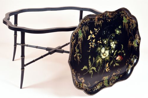 FINE QUALITY VICTORIAN PAINTED PAPIER MACHE TRAY ON STAND BY JENNERS BETTRIDGE - ADDITIONAL PHOTO 1