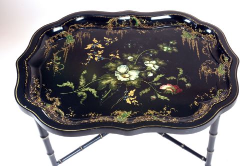 FINE QUALITY VICTORIAN PAINTED PAPIER MACHE TRAY ON STAND BY JENNERS BETTRIDGE - ADDITIONAL PHOTO 2