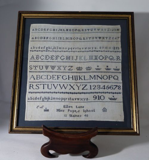 framed sampler by ellen lane miss popes school staines c1848 - CATEGORY: ANTIQUE MISCELLANEOUS - DATED 19TH CENTURY