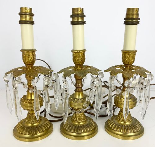 gilt metal table lamps with lustres - CATEGORY: ANTIQUE LIGHTING - DATED 1880