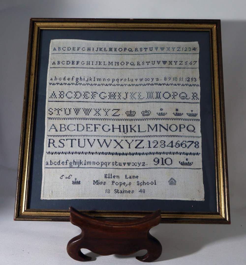 Framed sampler by Ellen Lane, Miss Pope’s School, Staines. c.1848