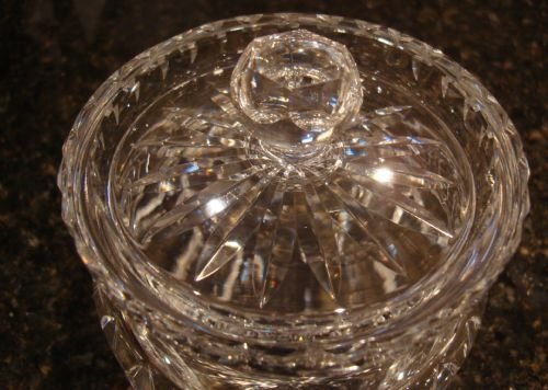 fig 1. WATERFORD Irish Crystal cut glass biscuit barrel with lid, made in the Lismore pattern.