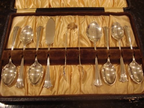 fig 1. Turn of the 19th/20th century silver plate complete set of tea cutlery in the rare Onslow pattern.