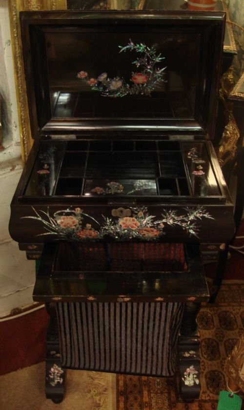 fig 2. 19thC English Victorian period Japanned and mother of pearl inlaid spectacular workbox/table, featuring inlaid cockerel design.