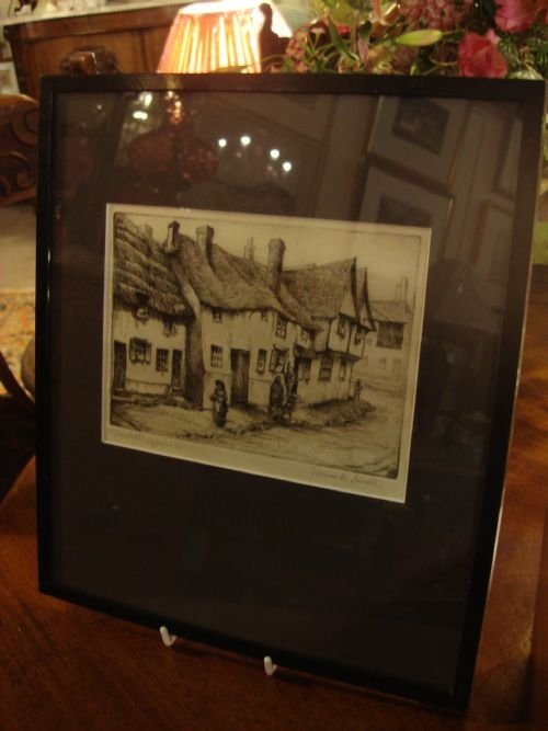 fig 1. 19th century original signed etching of Dorchester, Oxfordshire.