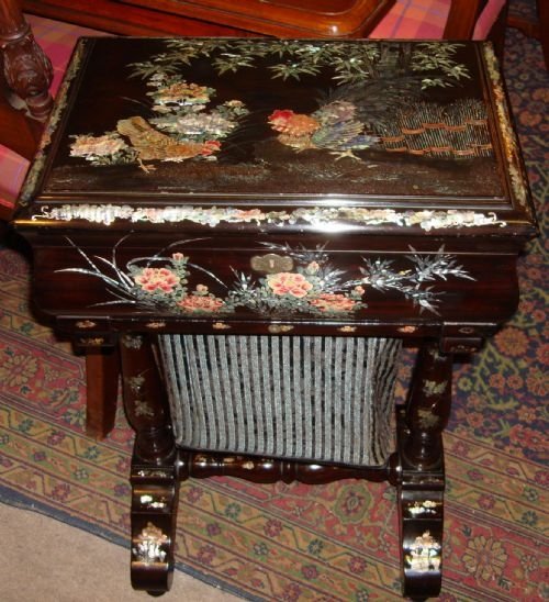 fig 1. 19thC English Victorian period Japanned and mother of pearl inlaid spectacular workbox/table, featuring inlaid cockerel design.